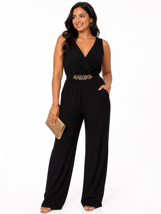 Pine Pants - Women’s Black Wide Leg Jumpsuit Gold Detail V-Neck Medium